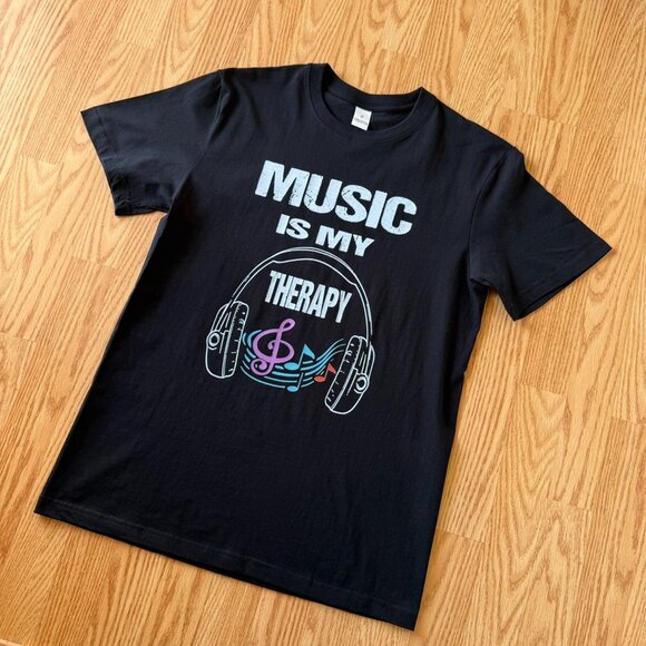 Music Is My Therapy T Shirt Size S Black Graphic Tee Headphones Treble Clef Note - Picture 6 of 12